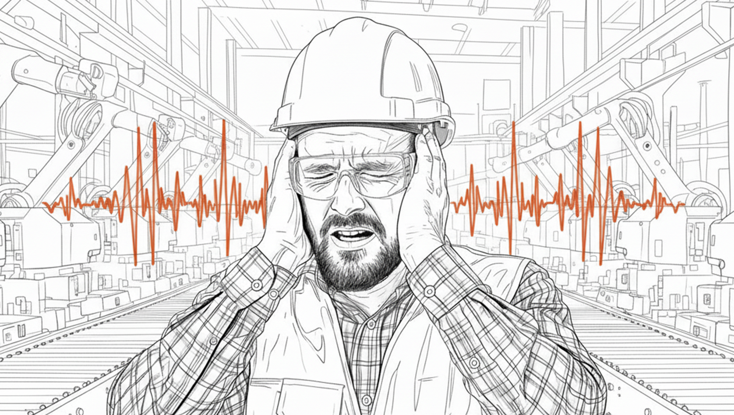 Drawing of a man in distress from the noise of his work environment. For the article Hidden Costs of Workplace Noise Exposure
